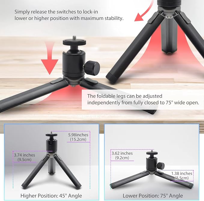 Kado Metal Portable Monitor Tablet Stand Tripod, Adjustable Height & Angle | 100x100mm 75x75mm Wall/Arm Mount Clamping, 360° Ball Head and 1/4" Screw Compact for Phone, Tablet, Projector, Camera, Webcam - Image 5