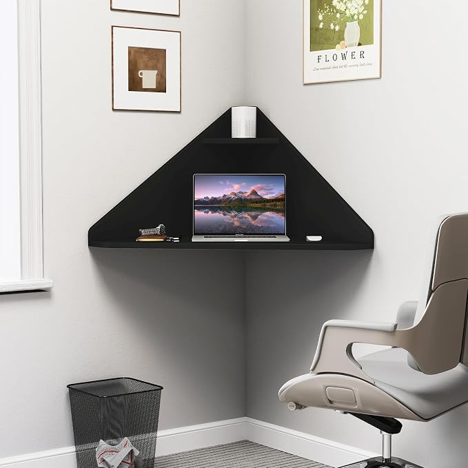 GOFLAME Floating Corner Desk, Wall Mounted Triangular Computer Desk w/Storage Shelf, Space-Saving Design, 90° Wooden Floating Home Office Desk for Writing, Working, Studying (Black) - Image 2
