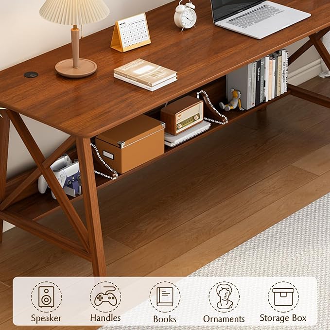 NELYE Extra Long Writing Desk with Bookshelf, 71" Wx20 Dx30 H, Walnut | Wooden Home Office Work Study Table, Computer Gaming Workstation with Storage Shelf, Sturdy MDF Resists Wobble - Image 3