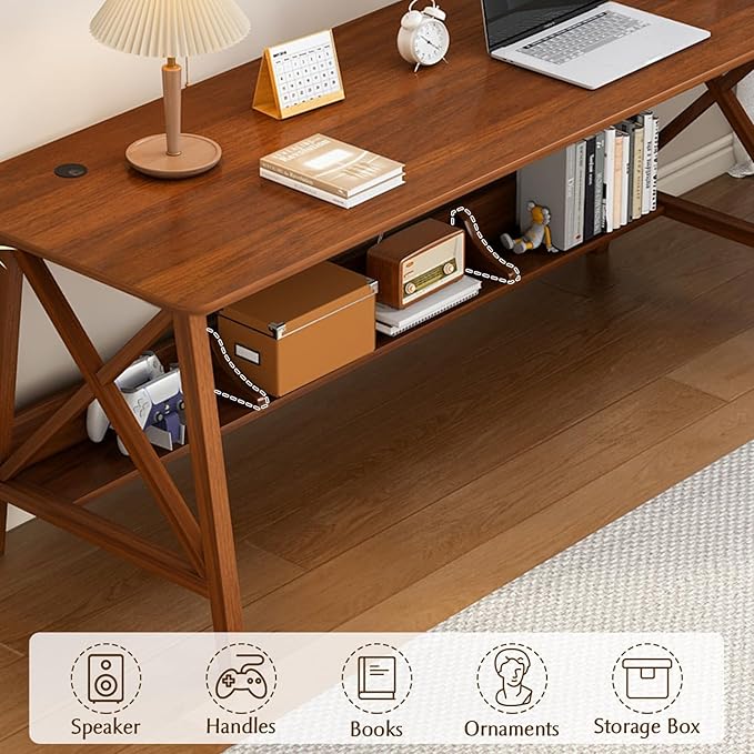 NELYE Extra Long Writing Desk with Bookshelf, 71" Wx24 Dx30 H, Walnut | Wooden Home Office Work Study Table, Computer Gaming Workstation with Storage Shelf, Sturdy MDF Resists Wobble - Image 3