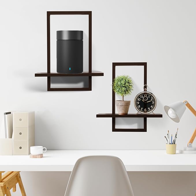 PHOENANCEE Square Floating Shelves,Wall Plants Holder,Bathroom Wall Decor,Framed Decorative Shelf Black,Modern Chic Set of 2 for Living Room Bedroom Home Office,Soild Wood,L+S(Walnut - Image 2