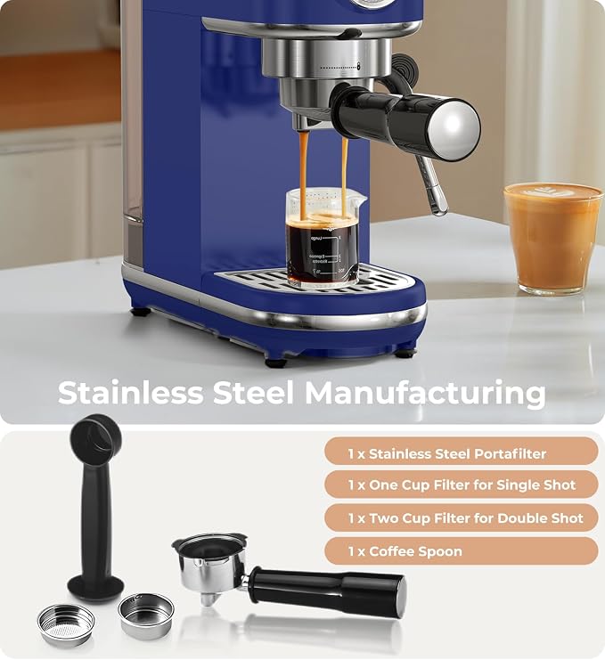 atatix 20 Bar Espresso Machine with Milk Frother, Compact Espresso Maker | Stainless Steel Coffee Machine with Precise Temp Control & 44oz Removable Water Tank for Latte, Cappuccino, Dark Blue - Image 7