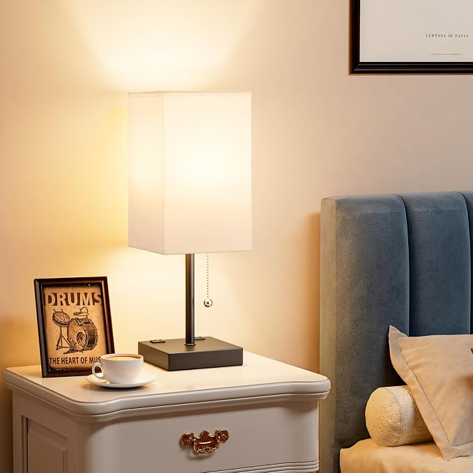 Bedside Lamp for Bedroom - 3 Color Temperatures, USB A+C, 2 AC Outlets | Pull Chain Switch, LED Bulb Included, White Fabric Shade, 17.4" Table Lamp for Nightstand, Desk, Living Room, Office - Image 6