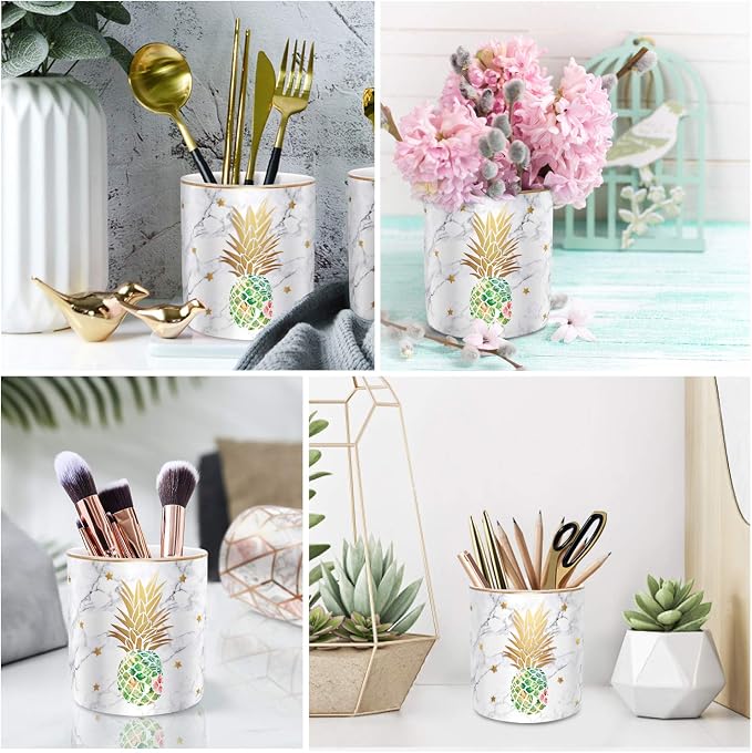 Large Capacity Colored Pencil Holder for Desk, Pineapple Pen Cup Holder, Pretty Office Accessories for Girls Women, Ceramic Organizers, Makeup Brush Holder for Home, Green Pineapple - Image 2