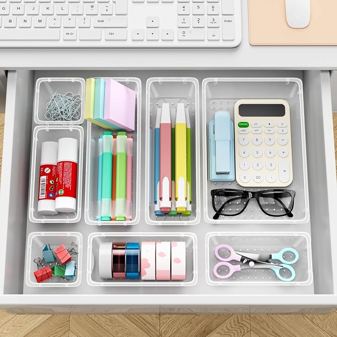 12 PCS Drawer Organizer Set, Makeup Organizers, Tool Storage Trays | 4 Sizes, Plastic, Stackable, Multiple Gadgets, Desk Drawer Divider Organizers, for Makeup, Office Supplies Storage - Image 6