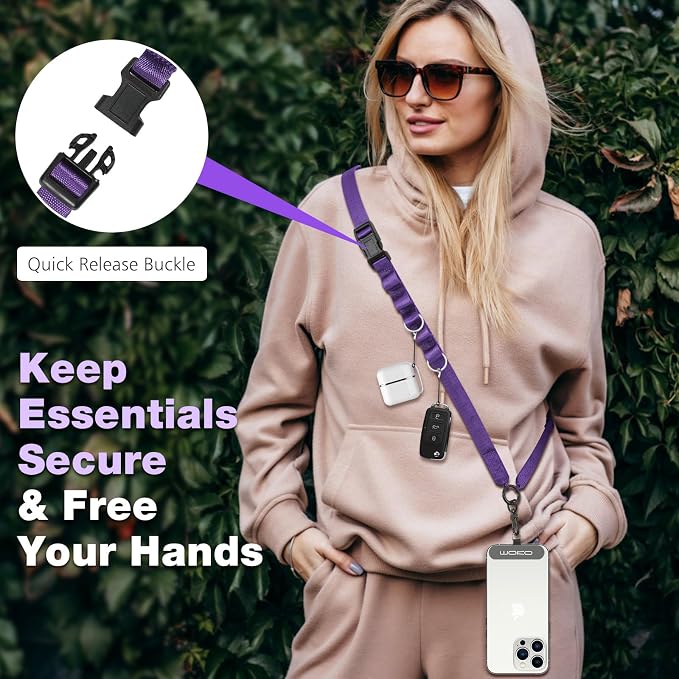 MoKo Universal Phone Lanyard, Nylon Adjustable Cell Phone Crossbody Strap Detachable Women & Men Cellphone Lanyards Around the Neck with Patches for iPhone, Most Smartphones, Dark Purple - Image 3
