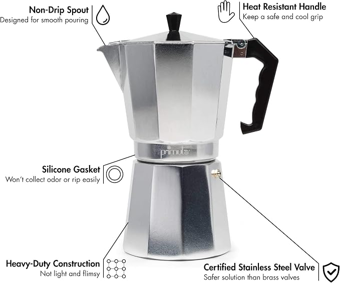 Primula Classic Stovetop Espresso and Coffee Maker, Moka Pot for Italian and Cuban Café Brewing, Greca Coffee Maker, Cafeteras, 9 Espresso Cups, Silver - Image 2