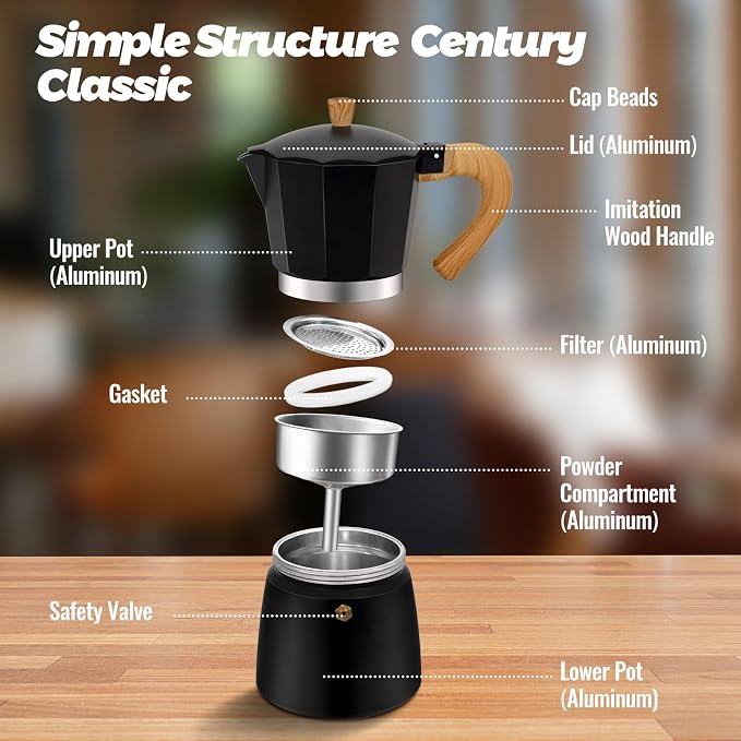 6 Cup Aluminum Moka Pot Classic Stovetop Espresso Coffee Maker 300ml 10oz Coffeemaker Percolator Mocha Pot Greca Coffee Maker Cafe Makers for Italian and Cuban Café Brewing Black - Image 3