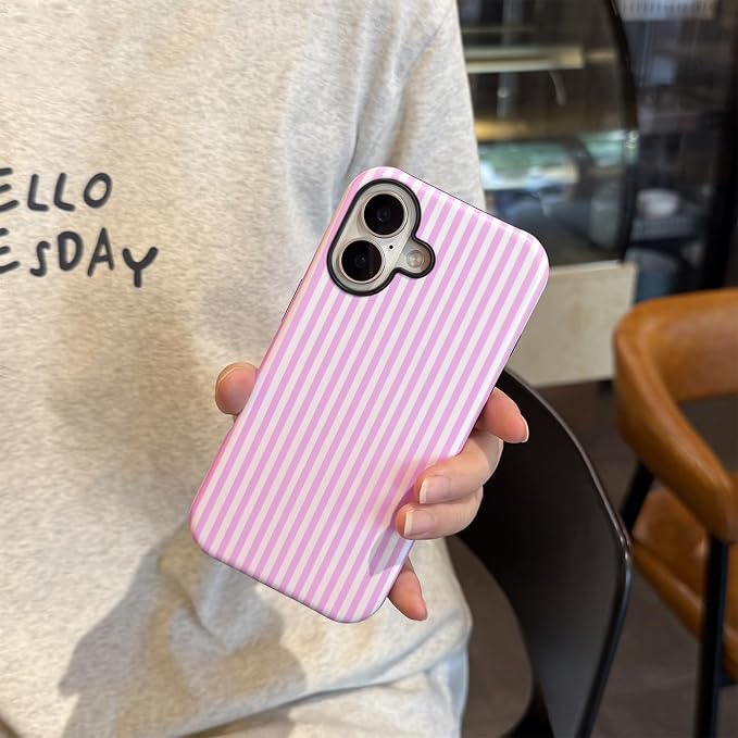for iPhone 16 Case Striped Cute Aesthetics Phone Case Trendy Protective Shockproof Cover for iPhone 16 Pink White - Image 7