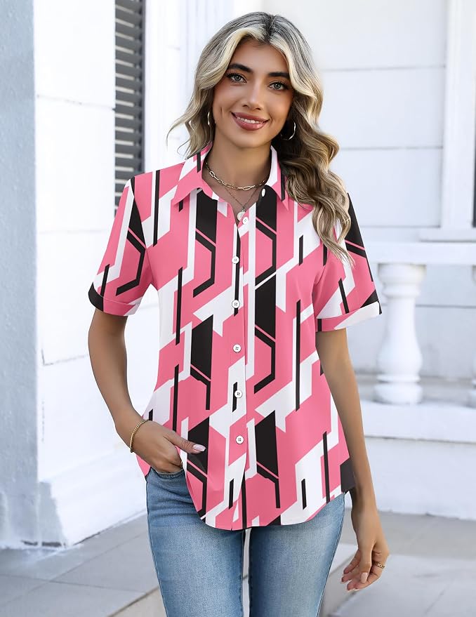Zeagoo Button Down Shirts for Women Short Sleeve Collared Tops Dressy Casual V Neck Blouses - Image 5