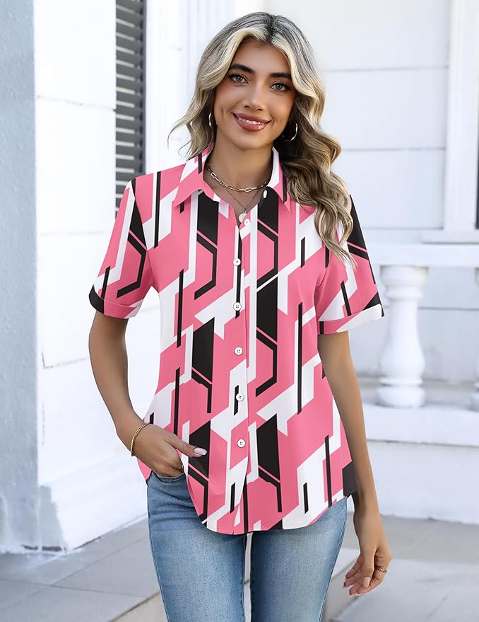 Zeagoo Button Down Shirts for Women Short Sleeve Collared Tops Dressy Casual V Neck Blouses - Image 5