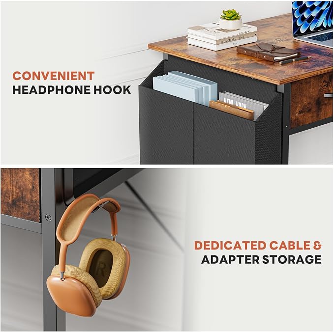 DUMOS 32" Home Office Computer Desk with Drawers, Small Gaming Writing Study Table with Storage Side Bag, Headphone Hook and Adjustable Feet for Bedroom Rustic Brown - Image 7
