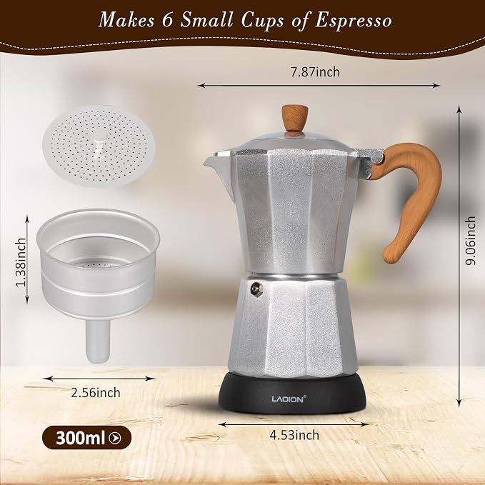 LAOION Cafeteras Electricas Modernas,6 Cup Portable Espresso Maker,300ml | Moka Pot with Detachable Base & Overheat Protection, Great for Home，Office, or Travel, a Thoughtful Gift for Coffee Lovers - Image 2