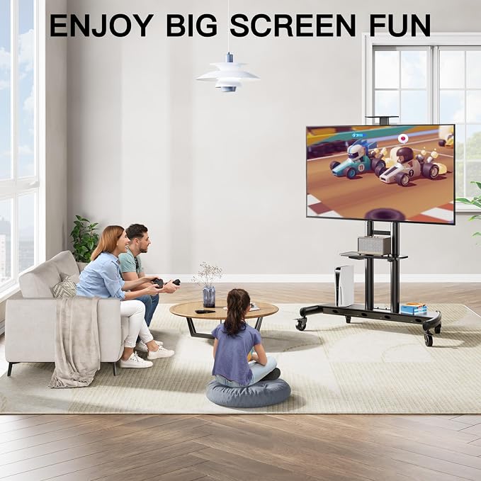 PERLESMITH Mobile TV Stand for 55-90 Inch Flat/Curved Screen TV Max VESA 800x500mm Outdoor TV Cart with Height Adjustable AV Shelf- UL Certificated Rolling Floor TV Stand Holds up to 200Lbs (PSTVMC07) - Image 7