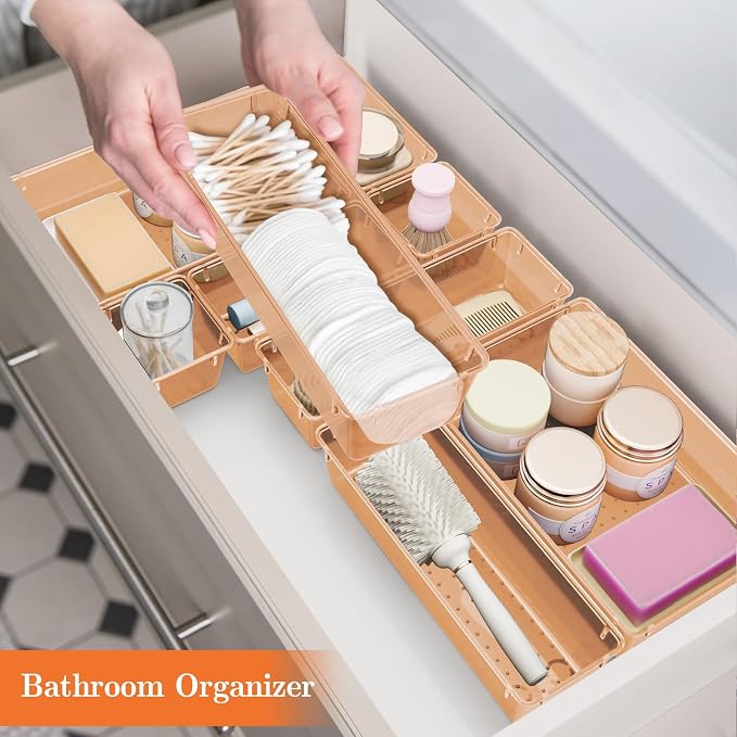SpaceHacks 25 PCS Plastic Drawer Organizer Set, 4-Size Versatile Organizer Trays & storage Bins for Makeup, Jewelry, and Gadgets in Bathroom, Bedroom and Office,Orange - Image 6