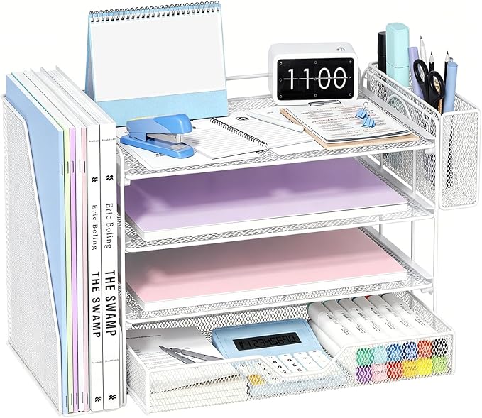 OPNICE Desk Organizers and Accessories, 4-Tier Desktop File Organizer with Drawer and Pen Holders, Office Desk Accessories Workspace Organizers for Office Supplies (White) by OPNICE
