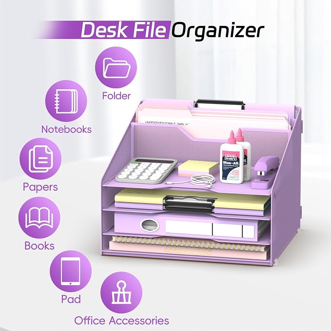Desk File Organizer, 4 Letter Trays and 2 Upright Sections, Purple | Paper Organizer for Desk with Tiered Letter Trays and Vertical File Holders for Home Office, School and Workspace Use - Image 4