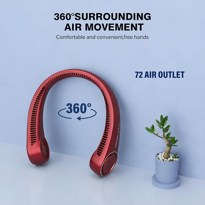 Morelax Neck Fan, USB Rechargeable Personal Fan,Hand Free Bladeless Portable Fans,4000 mAh, 3 Speeds,72 Air Faster softer 360° Cooling, Gift Suitable for Home, Office, Travel, Sports Red - Image 2