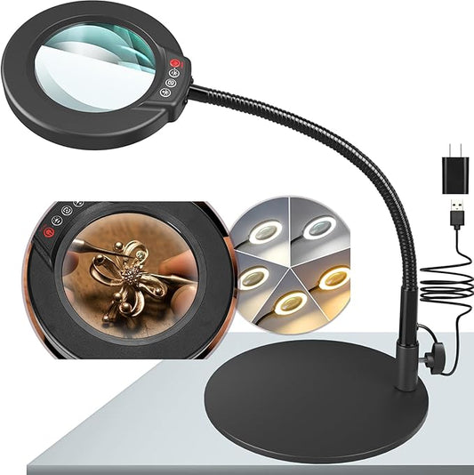 10X Magnifying Glass with Light and Stand, 16.5in Flexible Goose-Neck, 5 Color Modes Stepless Dimmable LED Lighted Desk Lamp, Hands Free Magnifier for Crafting Hobby Painting Close Work - Black by KRSTLV