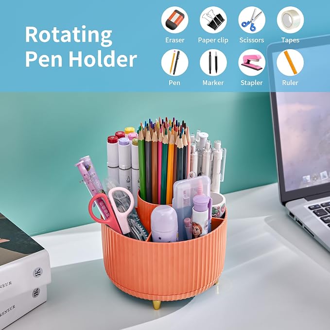 Marbrasse Desk Organizer, 360-Degree Rotating Pen Holder, Desk Organizers and Accessories with 5 Compartments Pencil Holder, Art Supply Storage Box Caddy for Office, Home（Orange） - Image 3