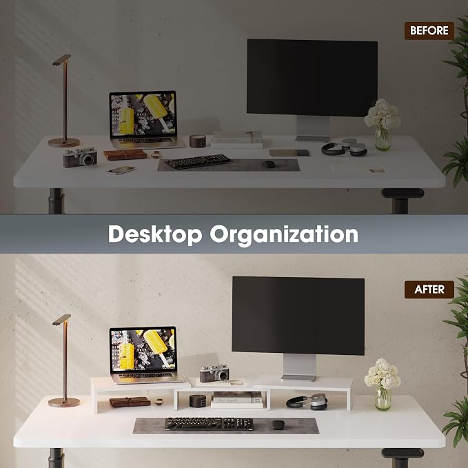 FITUEYES Dual Monitor Stand Riser, Adjustable Length and Angle, White | Wooden 3-Shelf Design, Supports up to 55lbs, Flexible for Standard Corner Space, Holds Monitor, Laptop, Phone, Printer - Image 4