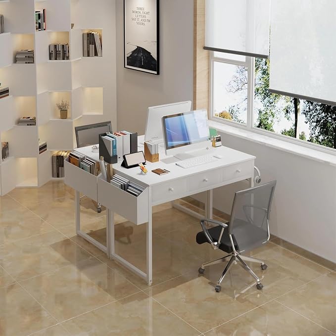 Lufeiya Small White Computer Desk with Drawers for Home Office Bedroom, 40 Inch Vanity Desk with Fabric Drawer Storage and Side Pouch, Study Writing Table, White - Image 6