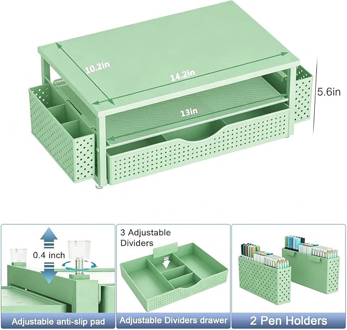 Spacrea Desk Organizer and Accessories, Computer Monitor Stand Riser with Drawer and 2 Pen Holders, Office Desk Accessories & Workspace Organizers for Office Supplies (Sage Green) - Image 5