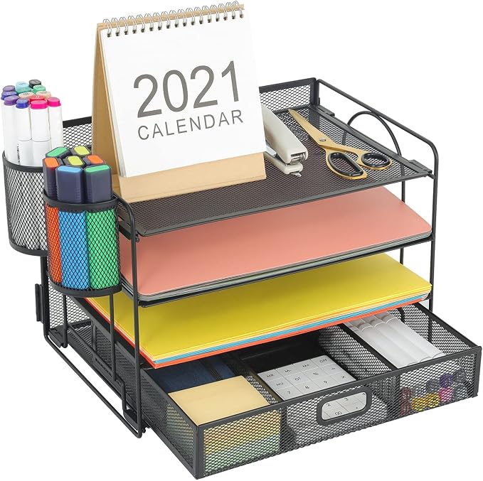 Marbrasse Desk Organizer, 4-Tier Paper File Letter Tray, Black | Sturdy Paper Tray, File Holder, Built-in Drawer, 2 Pen Slots, fits Letters/Files, for School Home Office Supplies by Marbrasse