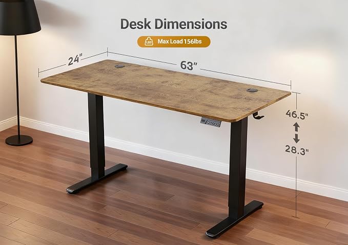 YDN 63 x 24 Inch Rustic Brown Electric Standing Desk | Adjustable Height, Sit Stand, Cable Management, Ergonomic, Home Office - Image 3