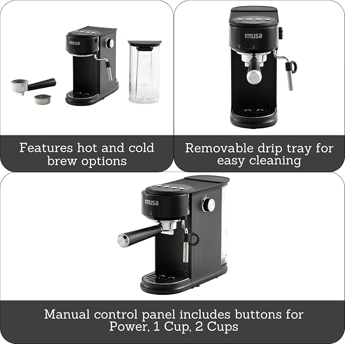 IMUSA 1 or 2 Cup Electric Slimbrew Espresso Cappuccino Coffee Maker, Black | Matte Finish, 20 Bar Pump, Milk Frother, Fast Heating, Hot or Iced Drinks, Home Baristas - Image 2