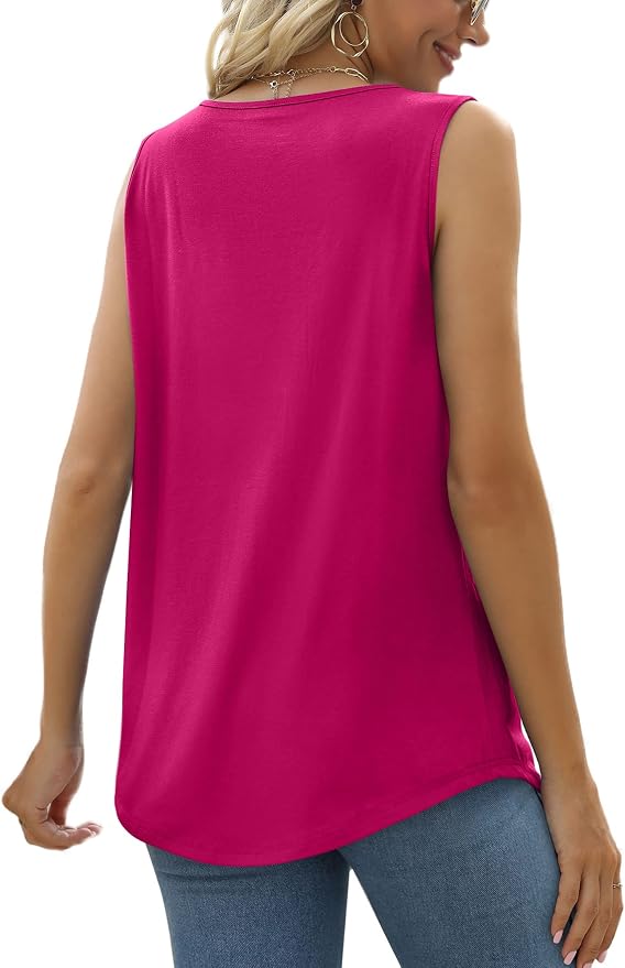 Saloogoe Summer Tank Tops for Women Loose Fit Pleated Square Neck Sleeveless Tops Curved Hem Flowy - Image 4