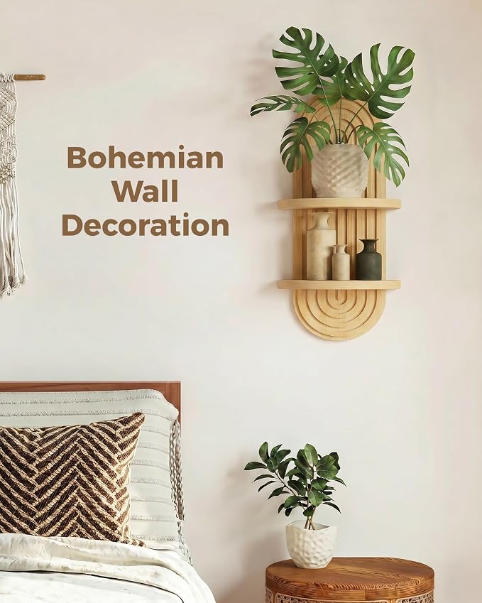 Bamworld Boho Wall Decor Plant Wall Shelf Mid Century Modern Decor Hanging 22in Plant Shelf 2-Tier Wooden Floating Shelves Natural - Image 4