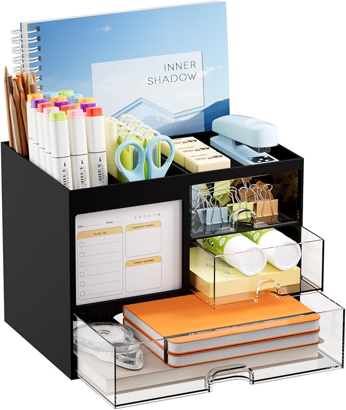 Marbrasse Desk Organizer with 3 Drawer, Multi-Functional Pencil Pen Holder for Desk, Desk Organizers and Accessories with 4 Compartments, Desktop Organizer Storage for Office Home Art Supplies (Black) by Marbrasse