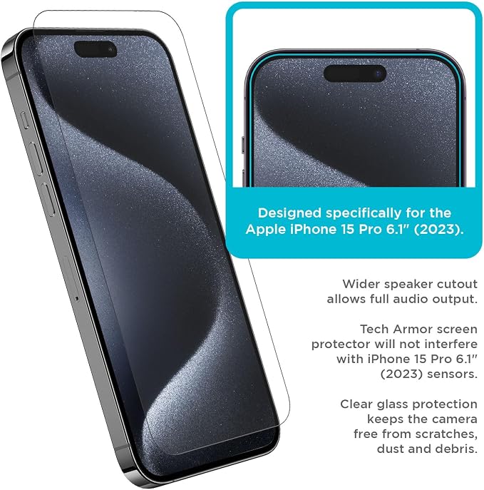 Tech Armor for Apple iPhone 15 Pro Screen Protector Glass 6.1 inch - Ballistic Tempered, Case Friendly, Easy Install, Sensor Protection, HD, 9H Hardness, 3 Pack + Bonus Camera Lens Protectors - Image 4