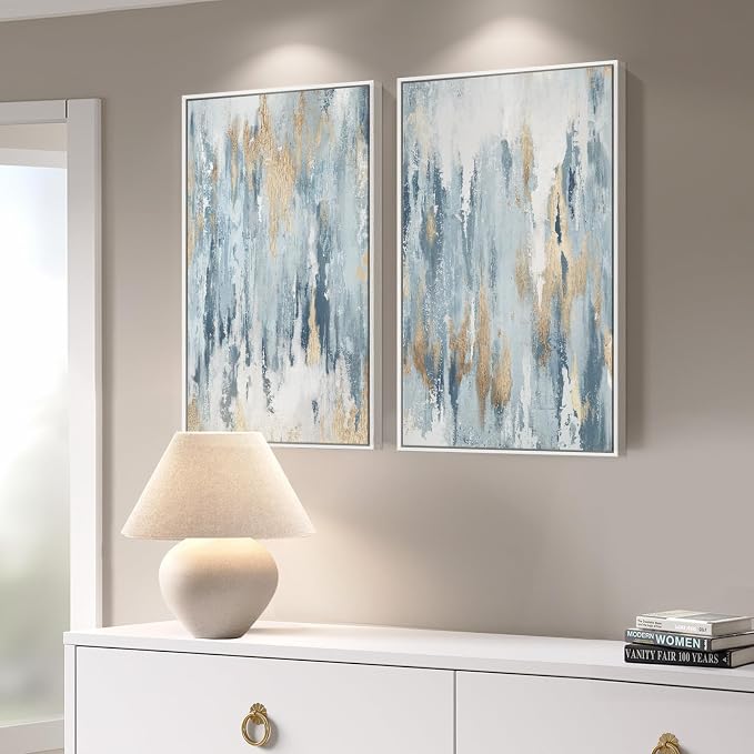 White Framed Blue and Gold Abstract Canvas Wall Art for Bedroom, Set of 2 Modern Minimalist Art Prints Paintings Artwork for Walls, Glitter Pictures for Living Room, Dining Room Wall Decor 16x24 In - Image 2