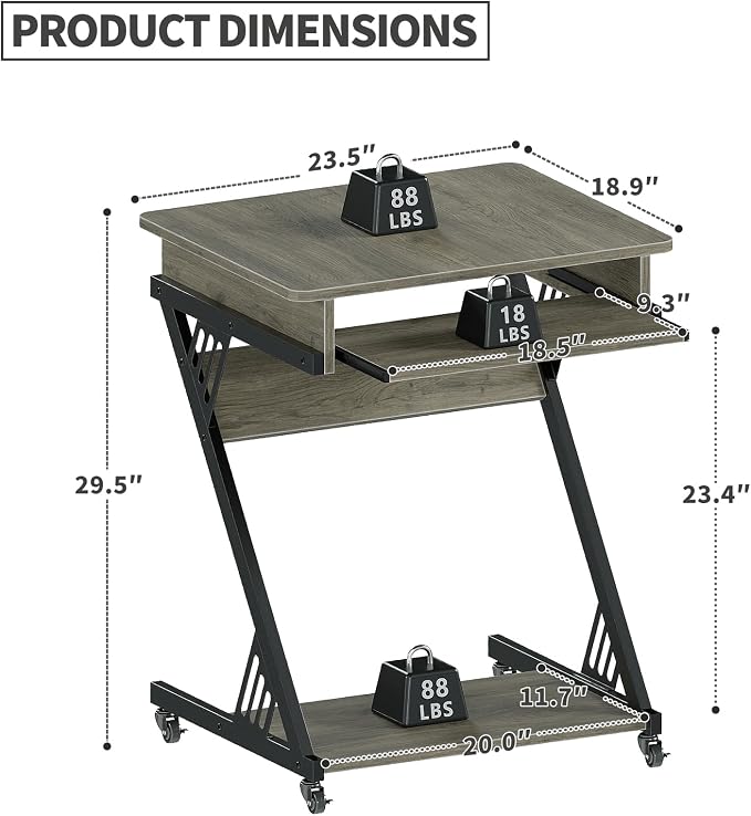 ALISENED Computer Desk for Small Spaces Compact Desk with Keyboard Tray | 23.6" Z-Shaped, with Wheels and Bottom Shelves, for Home Office, Computer Cart Mobile Laptop Cart, Grey - Image 3
