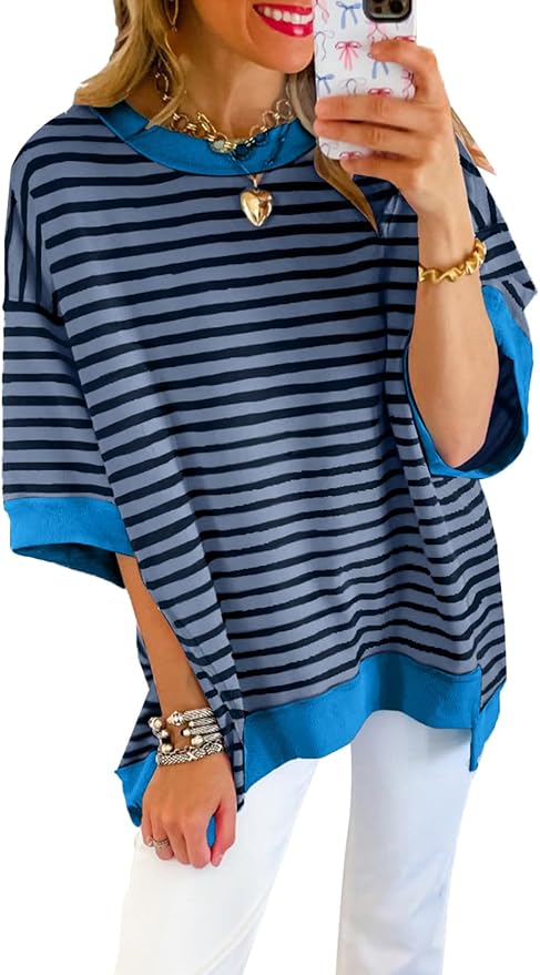 SHEWIN Womens Tops Casual Short Sleeve Sweatshirt Crewneck Striped Shirt Pullover T Shirts Loose Blouses by SHEWINBeYourFashionStylist