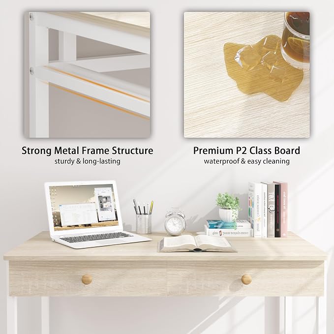 Weehom Computer Desk with Drawers, Home Office Workstation, Beige | Sturdy and spacious workstation for writing, studying and gaming, Suitable for PC and laptop use - Image 8