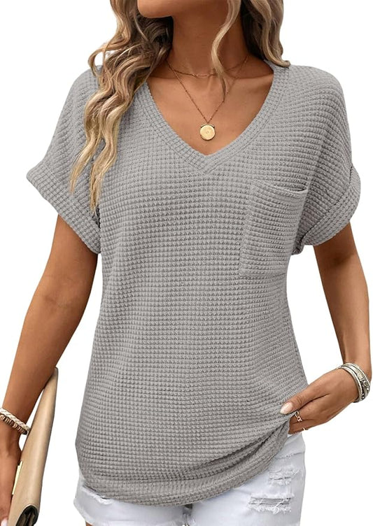 Dokotoo Womens Waffle Knit Tops 2026 Spring Summer V Neck Shirts Casual Trendy Women's Blouses Basic Tee by Dokotoo