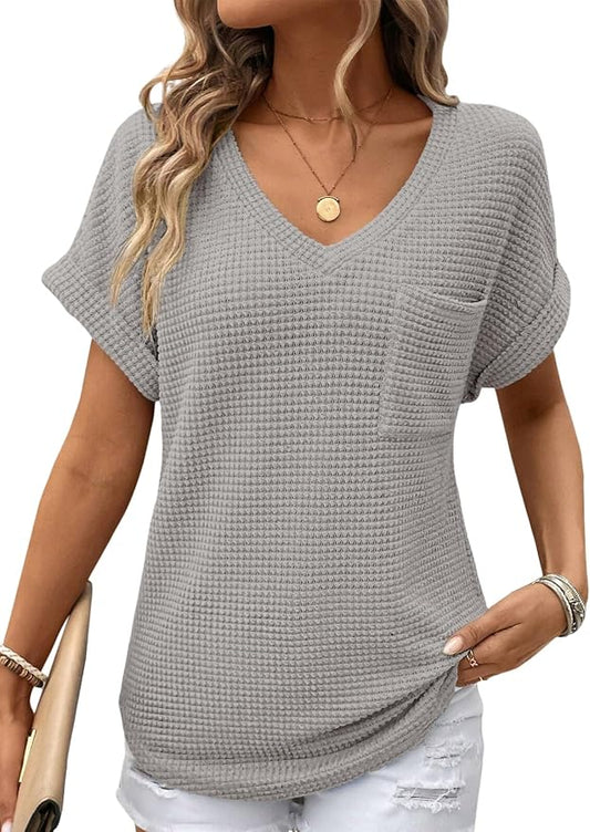 Dokotoo Womens Waffle Knit Tops 2026 Spring Summer V Neck Shirts Casual Trendy Women's Blouses Basic Tee by Dokotoo