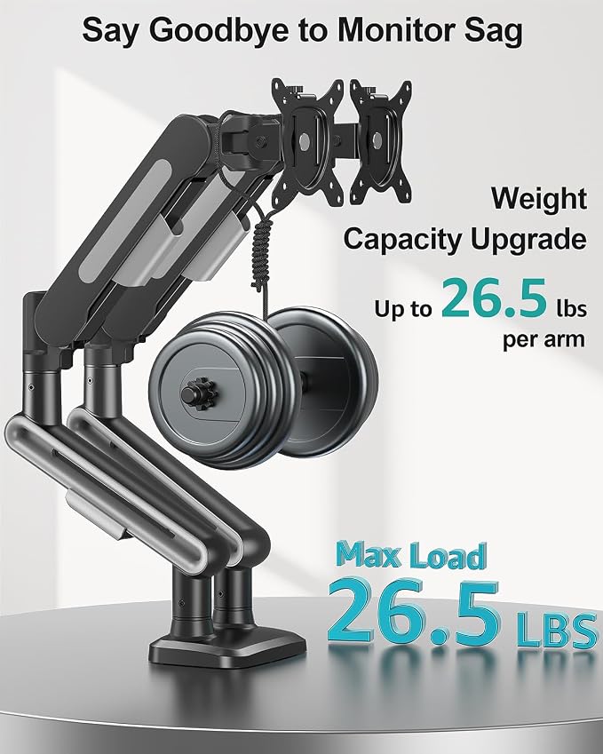 MOUNT PRO Dual Monitor Desk Mount, Pneumatic Monitor Arms for 2 Monitors Max 39 Inches, Adjustable Dual Computer Monitor Stand Each Arm Holds up to 26.5lbs, VESA Mount with C Clamp & Grommet Base - Image 3