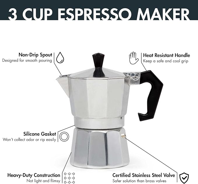 Primula Classic Stovetop Espresso and Coffee Maker, Moka Pot for Italian and Cuban Café Brewing, Greca Coffee Maker, Cafeteras, 3 Espresso Cups, Silver - Image 2
