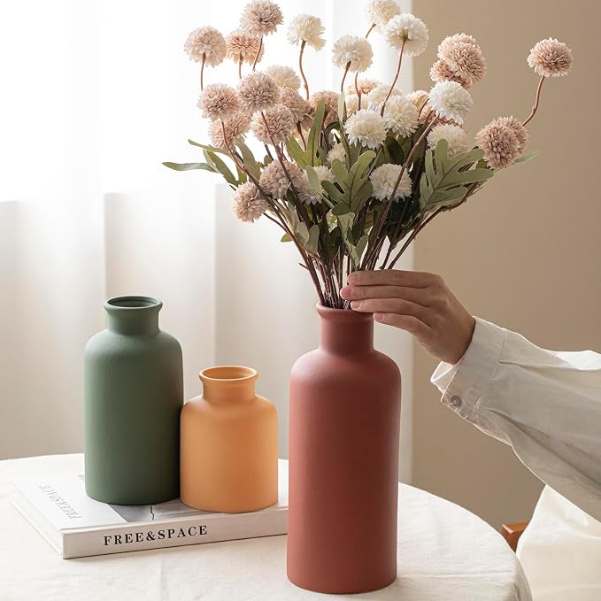 Large Modern Ceramic Vase Set of 3, Neutral Colors, Decorative Bottles for Home, Farmhouse Rustic Decor (XL Green Mix) - Image 2