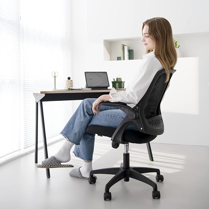 NEO CHAIR Office Desk Chair, Ergonomic Mesh with Flip-Up Armrests, Black | Lumbar Support, Height Adjustment, 360° Swivel and Rolling Base, Space-Saving Design for Home Office, Vanity or Study - Image 9