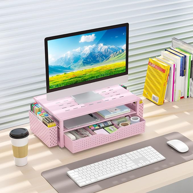 gianotter Desk Organizers and Accessories, Monitor Stand with Drawer and 2 Pen Holder, Desktop Organizer Suitable for Offices and Dormitories (Pink) - Image 7