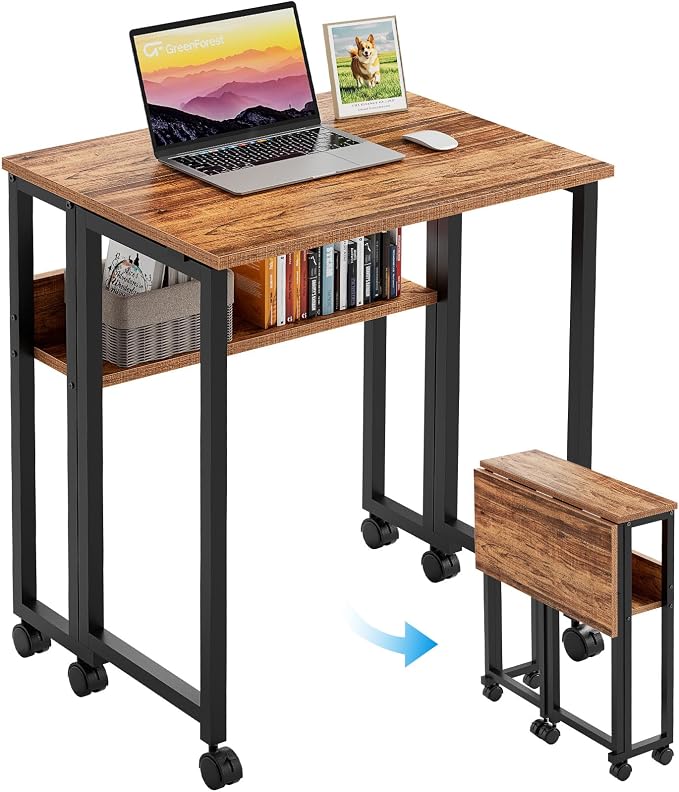 GreenForest Folding Desk with Wheels, 24.8" Rolling Table for Small Spaces | Storage Shelf, Lockable Casters, Compact Portable Workstation, Space-Saving Foldable Sofa Table, Home Office, Mobile, Walnut by GreenForest