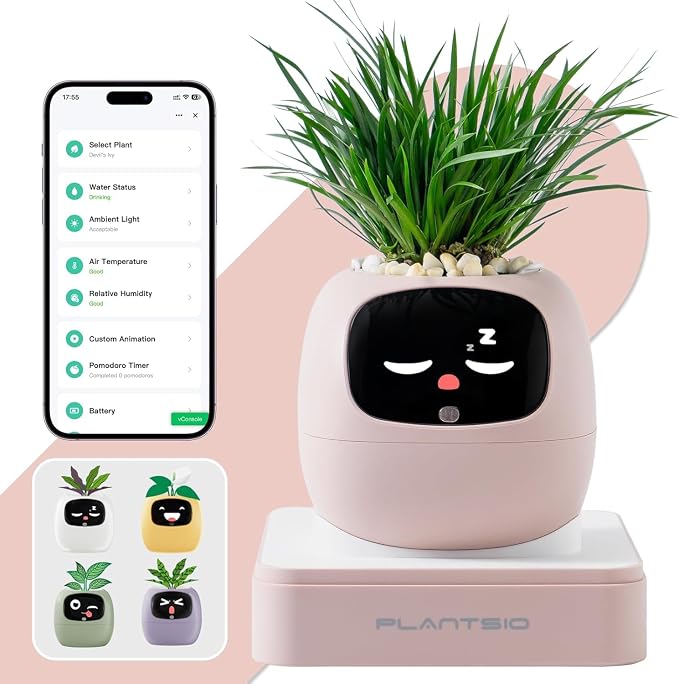 Smart Plant Pot with Visual Display – Soil Moisture, Water Level, Light & Battery Monitor, 80ml Self-Watering Reservoir, Supports 50+ Plants, Pomodoro Timer, Clock & Calendar (Blush) by PlantsIO