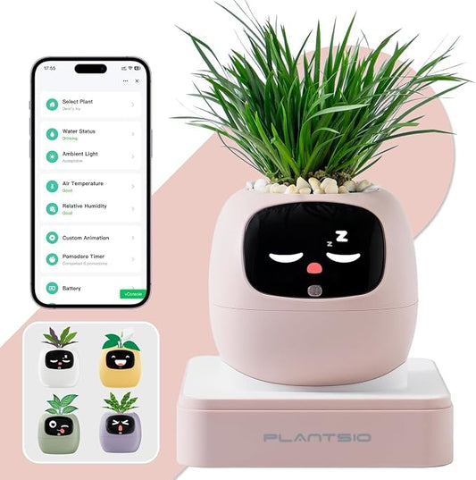 Smart Plant Pot with Visual Display – Soil Moisture, Water Level, Light & Battery Monitor, 80ml Self-Watering Reservoir, Supports 50+ Plants, Pomodoro Timer, Clock & Calendar (Blush) by PlantsIO