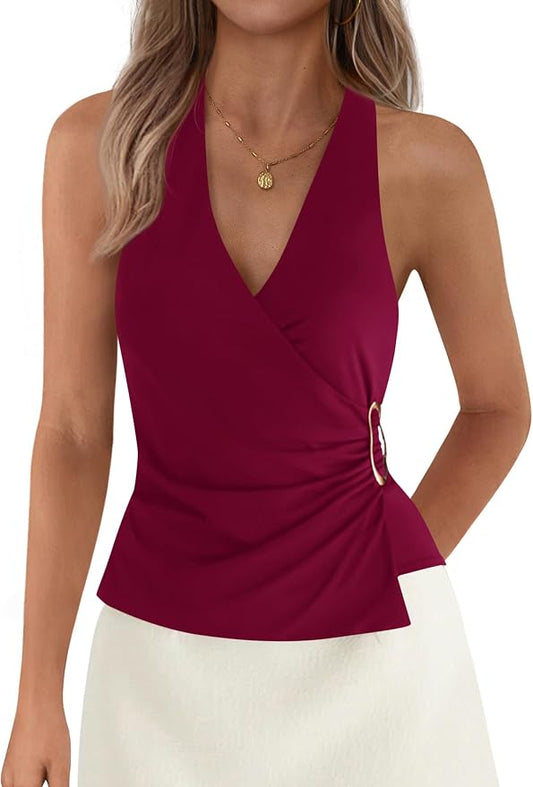PRETTYGARDEN Womens Halter Top 2026 Spring Tie Wrap Sleeveless Ruched V Neck Fitted Summer Tops Backless Fashion Y2k Clothes by PRETTYGARDEN