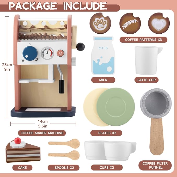 GAGAKU Wooden Coffee Maker Toy 14 pcs Play Kitchen Accessories Toy Coffee Maker for Kids Pretend Playset Toddler Coffee Maker Gifts for Boys and Girls - Image 5